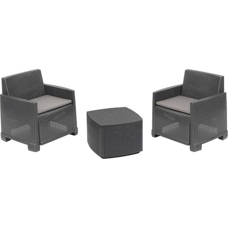 Dmora - Lounge-Set für draußen Dbelpan, Garten-Set mit 2 Sesseln und 1 Aufbewahrungstisch, Rattan-Effekt mit Kissen, 100 % Made in Italy, Anthrazit (1/3)