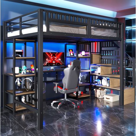 Cama alta 140x200 cm negra de metal y MDF, con escritorio, estantes, escalera con almacenamiento y LED