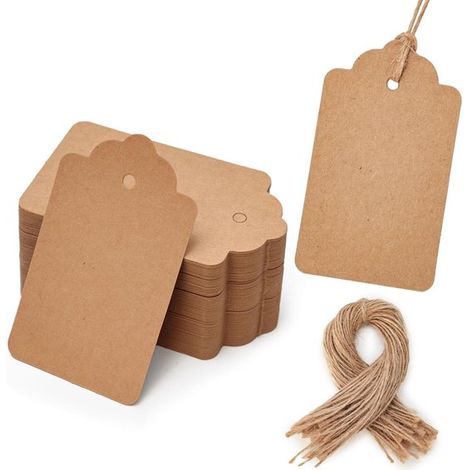 100 etiquetas de regalo, papel kraft, rectangulares con cordón de yute para regalos de boda. (1/5)