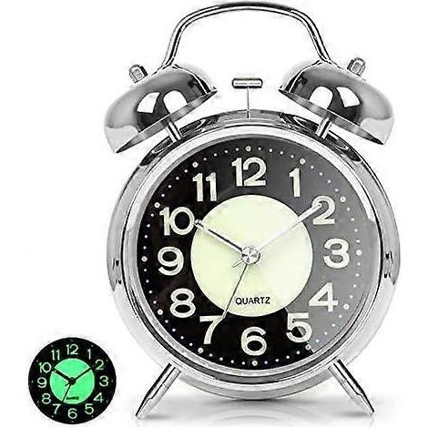 Réveil à double sonnerie extra-bruyante, conçu pour les gros dormeurs - Réveil à quartz rétro silencieux sans tic-tac avec rétroéclairage et cadran lumineux, horloge de chevet (argent). (1/5)