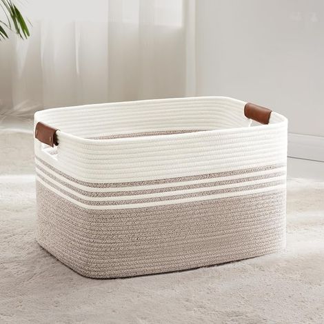 Cesto portabiancheria in corda di cotone 72L con maniglie in pelle per coperte, indumenti e giocattoli, adatto a camera dei bambini e soggiorno 55x43x30cm Bianco e marrone (1/5)