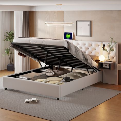 Cama con canapé 140x200 cm, con dos luces de lectura, función de recarga USB, dos cajones mesita de noche, terciopelo, canapé hidráulico, somier de láminas - Beige