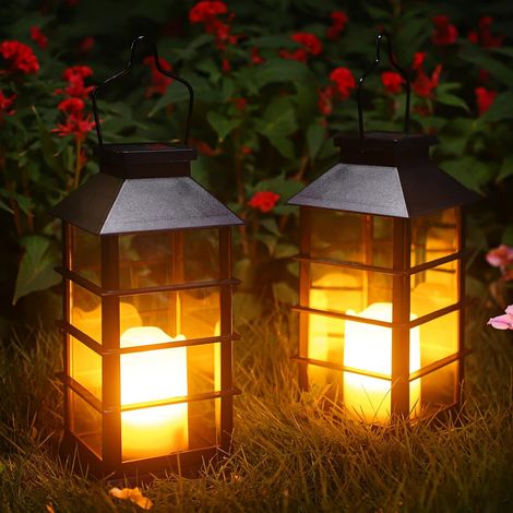 Set di 2 lanterne solari da giardino per uso esterno, impermeabili IP44, in plastica vintage, luci solari da giardino da appendere, luci decorative a LED a forma di candela per giardino, patio, corrid (1/4)