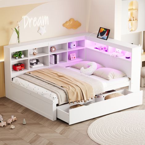Cama doble madera con almacenamiento USB LED blanca OKMYHOME (1/5)