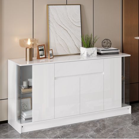 Aparador con vitrinas 150x40x75 cm de aglomerado blanco con LED por aplicación - CHICFURN (1/5)