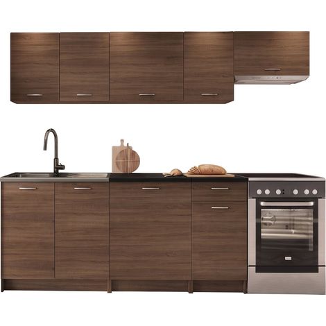 Cuisine complète Ota II, Noyer + Noir, 240x60cm, Disponible, Stratifié (1/4)