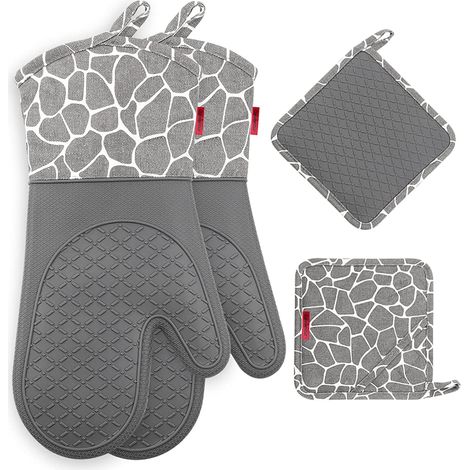 Guanti da cucina in silicone, guanti da barbecue resistenti al calore, 1 paio e 2 presine, perfetti per grigliare, barbecue, cucinare, cuocere al forno (grigio)