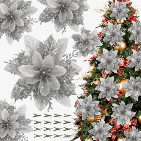 10 pezzi di decorazioni natalizie, fiori natalizi artificiali con clip, ghirlanda scintillante per albero di Natale, ciondoli a forma di fiore artificiale