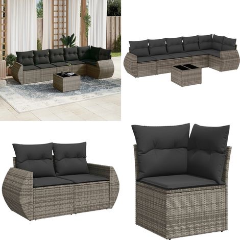 7-tlg. Garten-Sofagarnitur mit Kissen Grau Poly Rattan - Gartenmöbel Set - Esszimmergarnitur - Outdoor Möbel - Lounge Garnitur - Rattan Gartenmöbel - Home & Living (1/5)