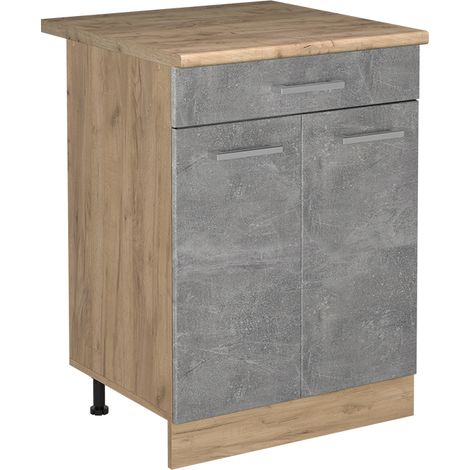 Mobiletto base cucina R-Line, Calcestruzzo/Rovere dorato, 60 cm con cassetto piano di lavoro Rovere dorato, Vicco (1/5)