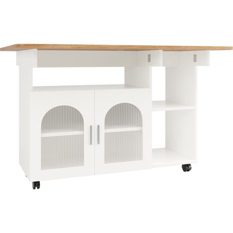 Isla de cocina móvil blanca 120 x 30 x 79,5 cm con estantes y tablero abatible (1/5)