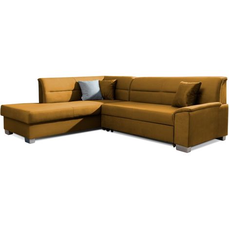 Canapé d'angle convertible TROMSO jaune orangé effet velours – Angle gauche avec coffre