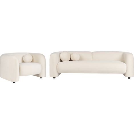 Conjunto de sala de estar 4 plazas sofá y sillón moderno de terciopelo con cojines extra blanco crema Leiren