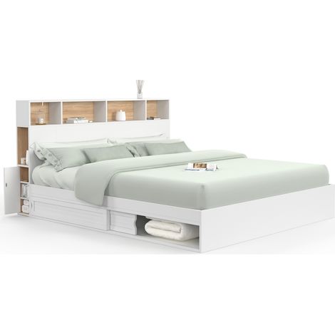 Doppelbett CLEM mit Stauraum + Kopfteil und Lattenrost 180 x 200 cm Weiß und Buche (1/5)