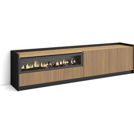 Skraut Home - Mueble TV, Televisión, Muebles de salón, almacenaje, 207x37x50cm, Para TV hasta 80", Chimenea eléctrica, Estilo Moderno, Roble y negro (1/5)