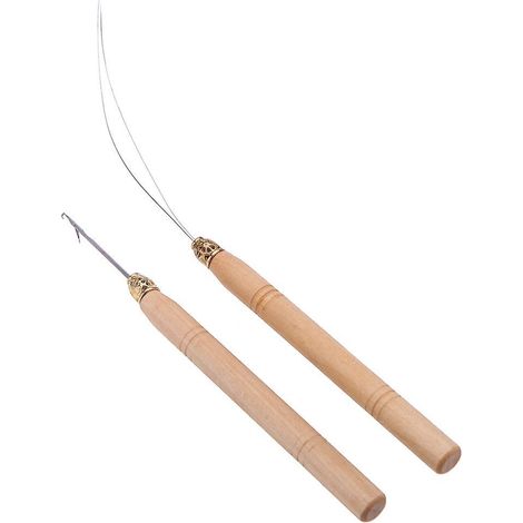 Lot de 2 aiguilles à extension capillaire, outil de tirage avec boucle, perles micro-anneaux, manche en bois