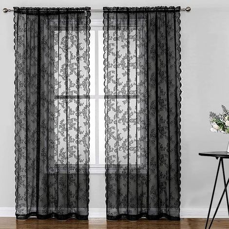 Set de 2 rideaux en dentelle noire – 150x200 cm – Motif floral vintage – Intimité – Halloween, salon, chambre (1/5)