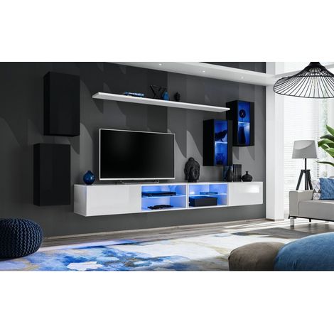Ensemble meuble TV mural Switch XXV - L 280 x P 40 x H 140 cm - Noir et blanc - Livraison gratuite