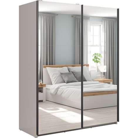 Armoire placard à 2 portes coulissantes avec miroir coloris Beige Kashmir - Longueur 153,5 x Profondeur 60 x Hauteur 195,5 cm (1/5)