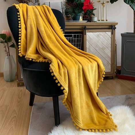 Flannel Blanket with Pompom Nap Blanket Cozy Bed Blanket Soft Throw Blanket for Sofa Bed Suitable for All Seasons (Mustard Yellow, 150x200cm) (1/5)