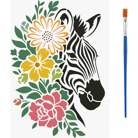Pochoirs Motif Zèbre Fleuri avec un Pinceau 29.7x21cm Pochoirs Peinture Tête de Zèbre Pochoir Fleur Thèmes Animal PET Modèle PET pour Bois Carrelage Mur Tissu Meuble DIY (1/5)