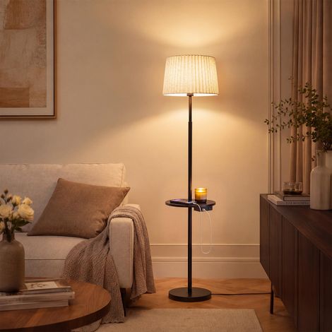 Lampadaire avec Tablette, Lampadaire Moderne avec Étagères et Port USB, Ampoule 9W 3 Températures, Table en Bois Massif pour Chambre et Salon (1/5)