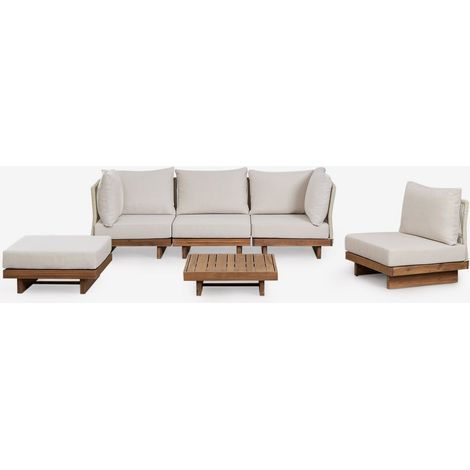 Conjunto de salón con sofá modular rinconera de 4 piezas, mesa de centro y puff en madera de acacia Dailin SKLUM        (1/5)