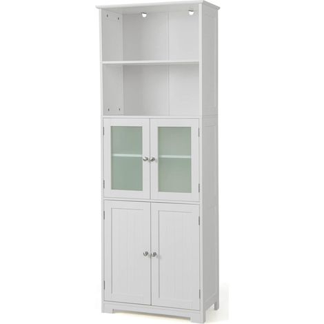 Goplus – Colonne de salle de bain 60x30x163cm – Meuble de rangement 6 niveaux avec 2 étagères ouvertes et 2 compartiments – Verre trempé et MDF blanc (1/5)