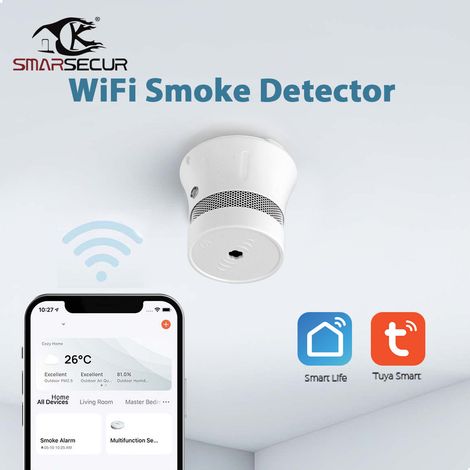 Détecteur de fumée intelligent WiFi/Tuya, alerte à distance et alarme sonore de 85 dB (1/5)