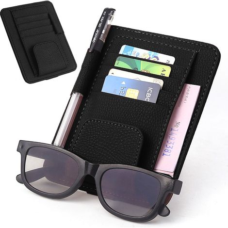 Support Pour Pare-Soleil - Porte-Cartes En Cuir Synthétique - Porte-Lunettes À Velcro Rotatif 180° - Compatible Avec Pare-Soleil Jusqu'à 2 cm - Lot De 1 (1/5)