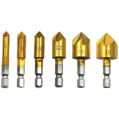 6-teiliges HSS-90°-Fasenschneider-Set, 5-schneidige Fasenschneider, Lochschneider, titanbeschichtet, 1/4"-Sechskantschaft-Holzbohrer (6 mm, 8 mm, 9 mm, 12 mm, 16 mm, 19 mm) Heimwerkerwerkzeug (1/5)