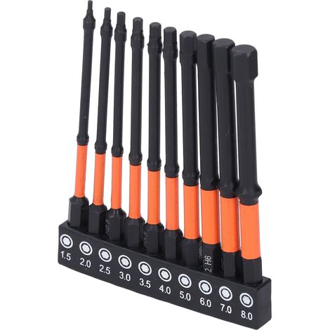 Jeu de 10 embouts hexagonaux magnétiques S2 acier allié, tige 1/4 pouce pour visseuse à chocs, clés Allen mâles métriques avec support de rangement (1/5)