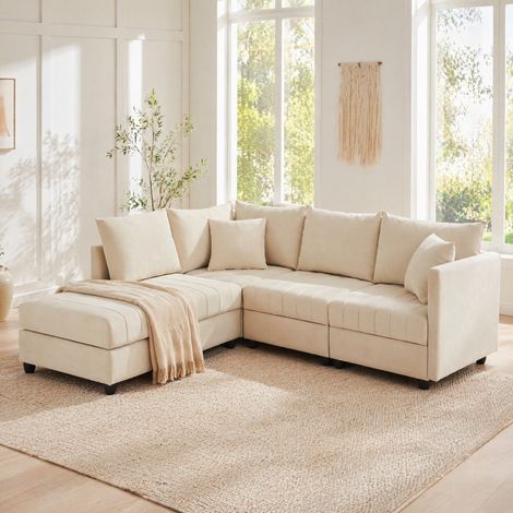 Sofá rinconera 220/194/85 cm beige, modular con otomana móvil y estilo moderno (1/5)