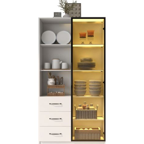Vitrine d'exposition à LED – Bibliothèque avec porte en verre trempé et éclairage LED, 3 tiroirs et 3 compartiments ouverts, cadre en aluminium, LED multicolores, charnières à fermeture progressive, m