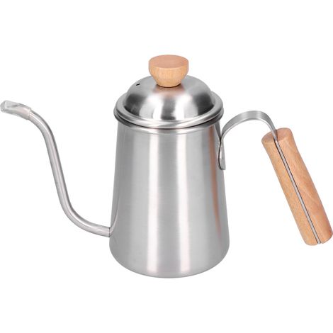Bouilloire à café en acier inoxydable 650 ml, bec verseur long col de cygne, poignée en bois, verseuse pour infusion précise.