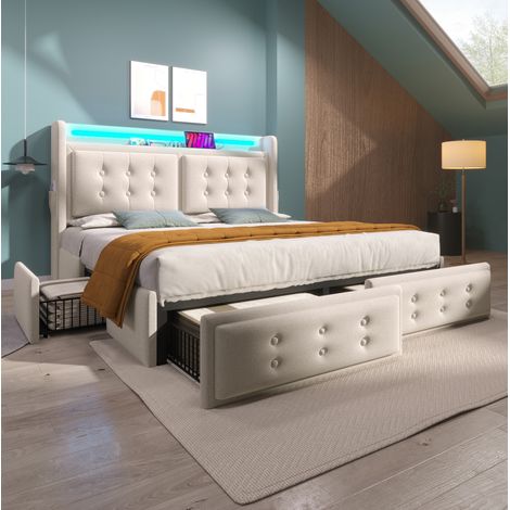 MEUBLIV Letto 160x200 cm beige - LED, USB-C e 4 cassetti, senza materasso (1/5)