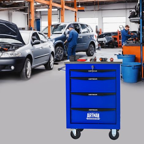 Carro de herramientas de 4 cajones con ruedas, acero, con encimera inox, azul y negro DESVIAE (1/5)