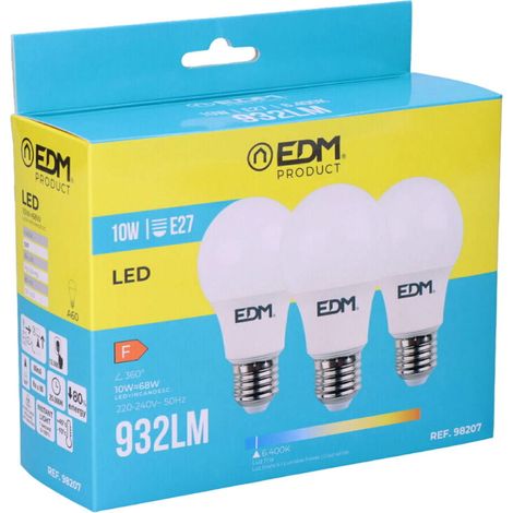 Kit 3 Bombillas LED EDM Estándar E27 10W 932lm 6400K Luz Fría Ø6x10,8cm (1/4)