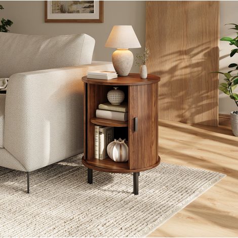 Table d’appoint ronde 48x48x65 cm avec porte coulissante, étagère intérieure, MDF et panneaux de particules noyer (1/5)