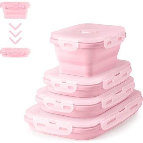Foldable silicone lunch boxes - suitable for food storage - 4-pack - pink - silicone material (1/2)