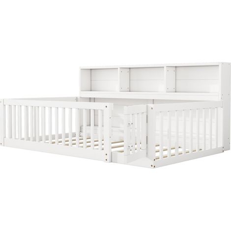Lit cabane 90 x 200 cm blanc en pin et MDF avec rangements et barrières (1/5)