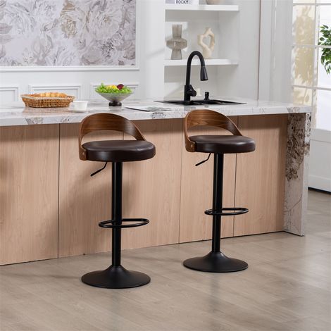 Lot de 2 Tabourets de Bar Pivotants à 360° - 42x42x77-98cm - Dossier Noyer et Assise en Cuir PU Réglable en Hauteur - Marron (1/5)