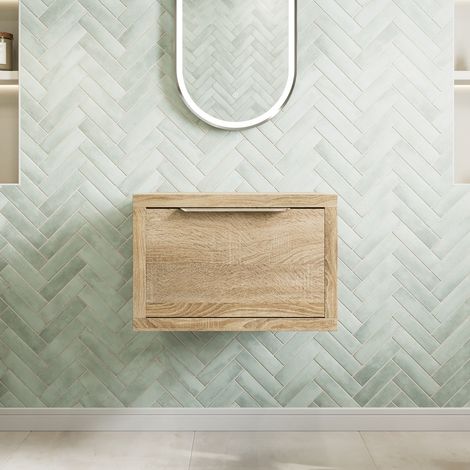 600mm Bathroom Vanity Unit Countertop Wall Hung Drawer Unit Grey Handle Oak Wood No Basin (1/4)