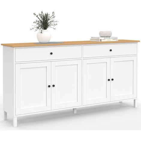 Idmarket – Buffet 160 cm blanc avec 4 portes et 2 tiroirs – Plateau effet bois naturel – Style campagne chic – Rangement optimal pour vaisselle (1/5)