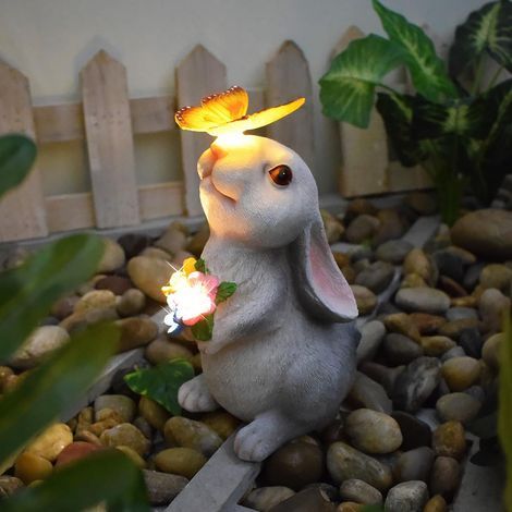 Lampe Solaire LED en Forme de Lapin et Papillon, Lampe de décoration pour atmosphère extérieure, Joli Lapin en résine et Papillon pour Le Jardin. (1/5)