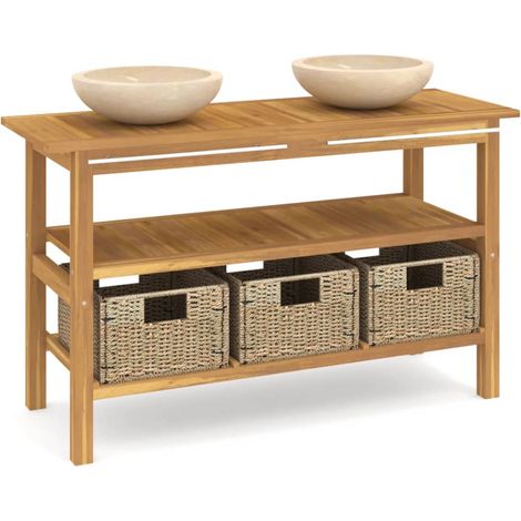 Maison Exclusive - Mobile Vanità Bagno e Lavandini Marmo Crema Legno Massello Teak (1/5)