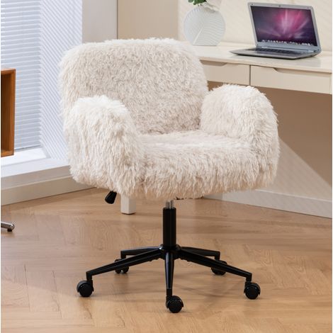 Chaise de bureau beige en laine bouclée et tissu avec accoudoirs rabattables, hauteur réglable et roulettes (1/5)