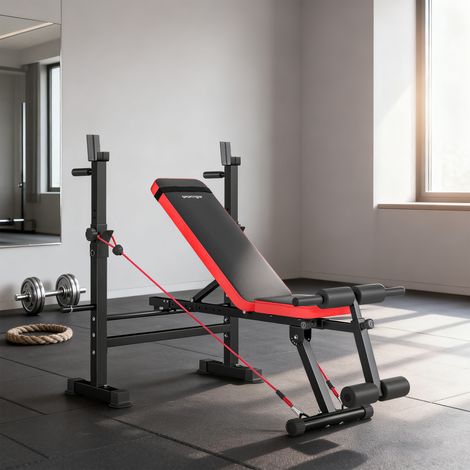 Banc de musculation complet multifonction avec dossier réglable, repose-jambes et support de poids 147x109x122cm noir (1/5)
