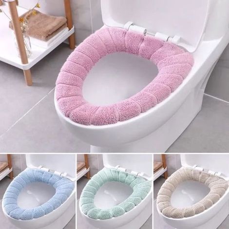 Set di 4 copriwater in morbido peluche caldo, con fondo impermeabile, copriwater di lusso, cuscino universale colorato per sedile WC. (1/3)