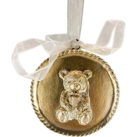 Colgante navideño con forma de osito de peluche y medallón de oro. (1/4)
